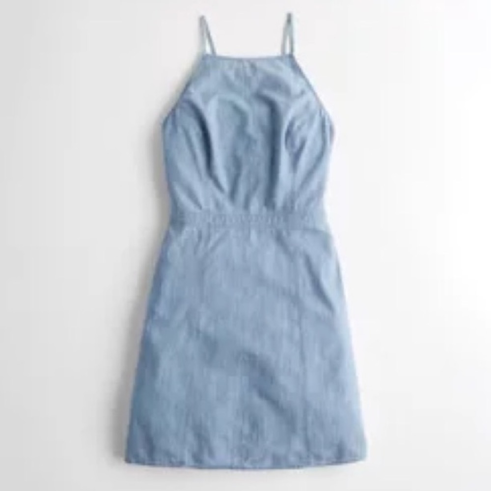 Hollister Women SZ S Blue Chambray Spaghetti Tie Back Strappy Short Sun Dress